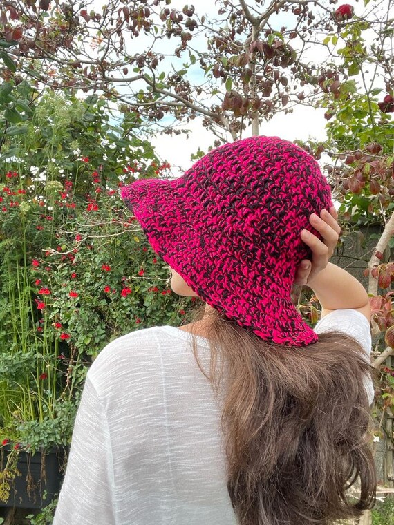 Handmade Crochet Bright Pink and Black Sun Hat Barbie Inspired