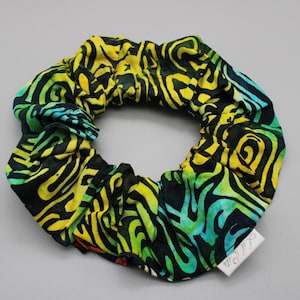 Handmade Scrunchie, Yellow, Black, Pink and Blue Patterned Cotton Batik Hair Tie