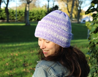 Handmade Knitted Double Layered Hat with Folded Brim in Purple and White
