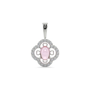 May include: A silver pendant featuring a pink oval gemstone set within a delicate four-leaf clover design, surrounded by clear round stones.