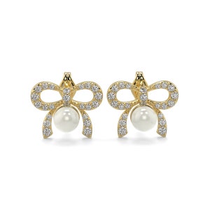 May include: A pair of gold bow earrings with a pearl in the centre of each bow. The bows are adorned with small clear stones.