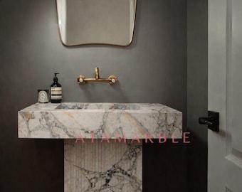 Calacatta Verde Marble Fluted Pedestal Sink: Luxury Bathroom Freestanding Sink