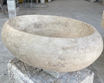 Hand Carved Oval Travertine Bathroom Sink Vanity Top Stone Vessel