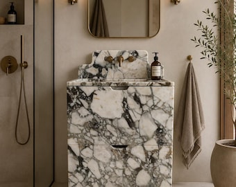 Calacatta Verde Marble Sink with Drawers Marble Vanity with Drawer Green Marble Cabinet Bathroom sink with Storage