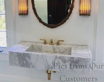 Carrara Marble Fluted Wall Mount Sink: Ruffled Apron, Custom Vanity