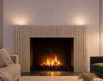 Hand Carved Travertine Fluted Fireplace Mantel: Custom Marble Surround