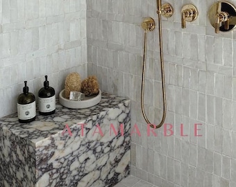 Handmade Calacatta Viola Marble Shower Bench: Natural Stone Coffee Table Custom Size Plinth