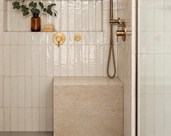 Puede incluir: Una cabina de ducha con azulejos verticales de color blanco roto brillante, un cabezal de ducha de lluvia de latón, una ducha de mano de latón y controles de latón. Un nicho empotrado contiene una botella de vidrio marrón y jabón.