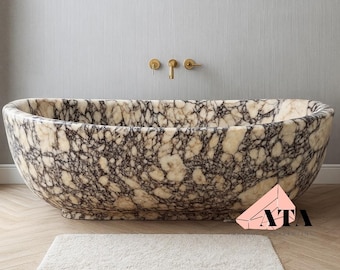 Hand Carved Calacatta Viola Oval Bathtub: Veined Honed Finish