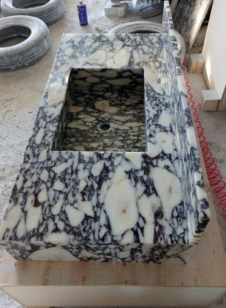 Calacatta Viola Marble Sink with Countertop Wall Mount Marble Sink Marble Bathroom Sink Marble Vanity Top Marble Sink with Backsplash image 5