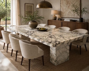 Calacatta Verde Green Marble Dining Table Fluted Leg Dining Table Large Table Luxury Dining Room Table