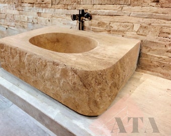 Travertine Rough Finish Wall Mount Sink Marble Bathroom Sink Powder Room Sink Custom Vanity Top Ramp Drain Marble Sink