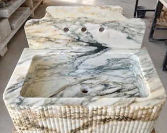 Calacatta Verde Marble Fluted Sink with Backsplash Green Marble Wall Mount Bathroom Vanity