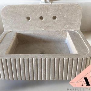 Travertine Fluted Bathroom Sink | Powder Room Sink | Custom Marble Vanity Top | Travertine Floating Sink w/ Backsplash | Natural Stone Sink