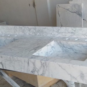 Carrara White Marble Bathroom Sink | Wall Mount Vessel Sink | Custom Marble Vanity Top | Marble Integrated Bathroom Sink | Marble Countertop