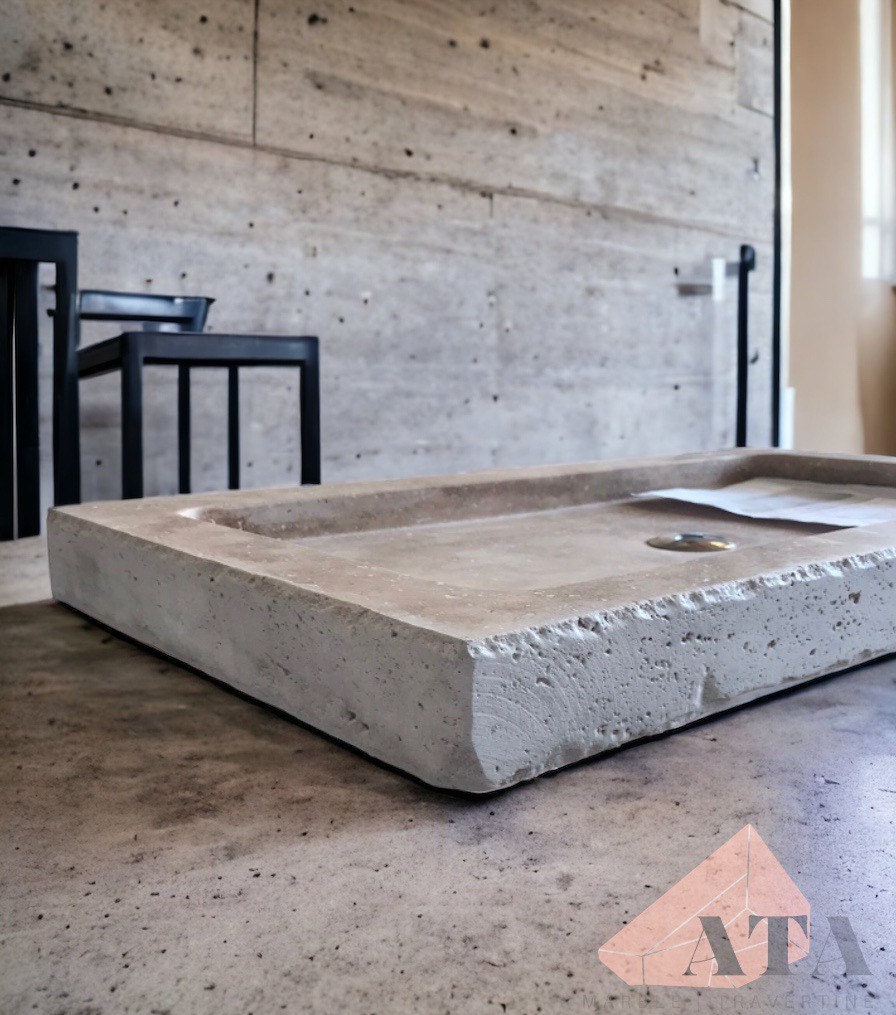 Chiseled Rough Travertine Wall Mount Sink | Bathroom Vessel Sink | Custom Vanity Top | Powder Room Sink