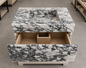 Calacatta Viola Marble Sink with Cabinet Marble Vanity with Drawer Fluted Marble Cabinet Bathroom sink with Storage