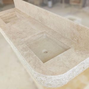 Chiseled Rough Travertine Wall Mount Sink | Bathroom Vessel Sink | Custom Vanity Top | Travertine Sink with Countertop
