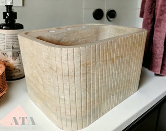 Travertine Sink Wall Mount Marble Sink Fluted Apron Travertine Bathroom Sink Hand Reeded Powder Room Sink Vanity Top