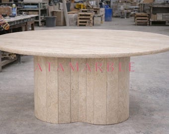 Honed Travertine Round Coffee Table – Grid-Tiled Plinth Leg
