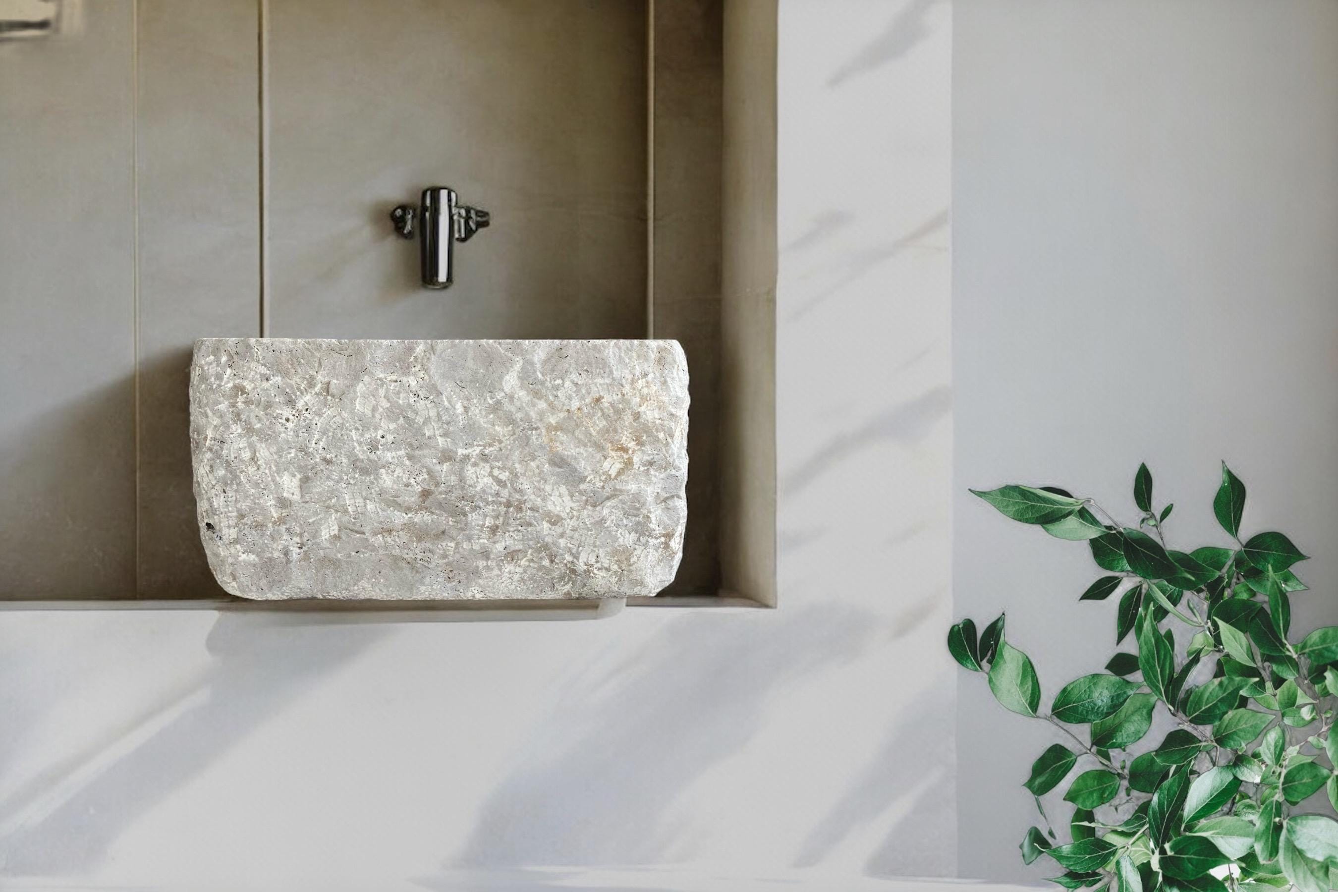 Hand Carved Travertine Sink: Rough Chiseled Wall Mount Bathroom Sink