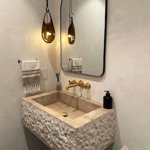 Chiseled Rough Travertine Wall Mount Sink | Raw Bathroom Sink | Weathered Bathroom Sink | Custom Vanity Top | Powder Room Sink