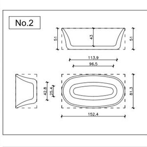 May include: Line drawing of a bathtub with dimensions labeled in inches. The bathtub is oval shaped with a curved back and a flat front. The dimensions are 42.8 inches wide, 25.4 inches deep, 81.3 inches long, 113.9 inches wide, 96.5 inches long, and 152.4 inches long. The drawing is labeled "No. 2".
