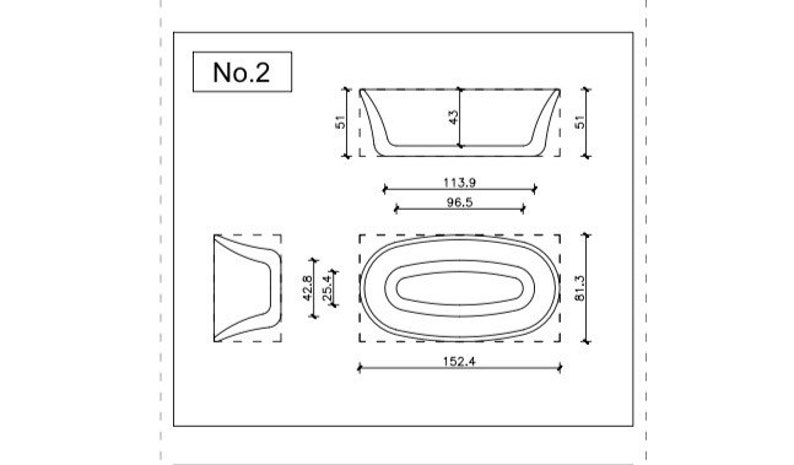 May include: Line drawing of a bathtub with dimensions labeled in inches. The bathtub is oval shaped with a curved back and a flat front. The dimensions are 42.8 inches wide, 25.4 inches deep, 81.3 inches long, 113.9 inches wide, 96.5 inches long, and 152.4 inches long. The drawing is labeled "No. 2".