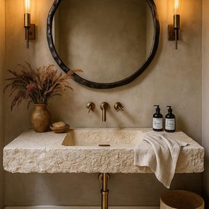 Chiseled Rough Travertine Wall Mount Sink | Raw Bathroom Sink | Weathered Bathroom Sink | Custom Vanity Top | Powder Room Sink