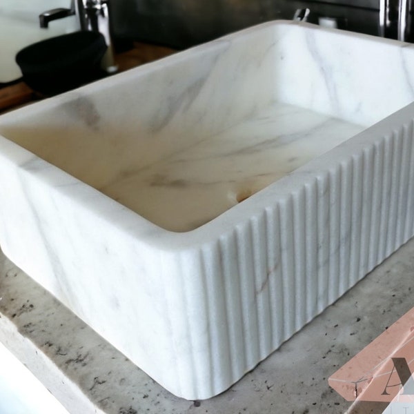 Carrara Marble Fluted Sink Wall Mount Marble Sink Fluted Apron Marble Bathroom Sink Farmhouse Sink Powder Room Sink Vanity Top Marble Sink