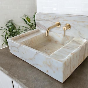Calacatta Sugar Bathroom Sink | Wall Mount Vessel Sink | Custom Marble Vanity Top | Powder Room Sink | Floating Sink with Backsplash