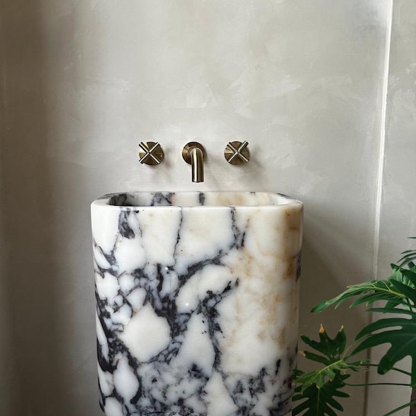 Calacatta Viola Marble Wall Mount Sink: Hand Carved Natural Stone