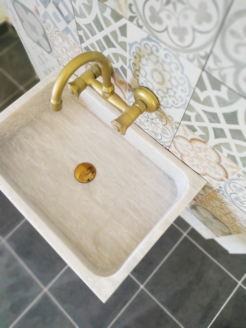 White Gray Marble Sink Wall Mount Marble Sink Marble Bathroom Etsy