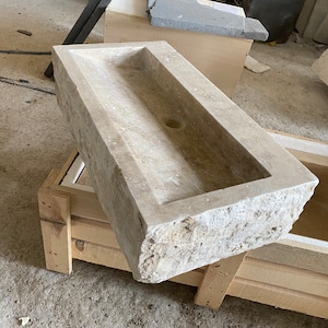 Travertine Rough Chiseled Sink Wall Mount Marble Sink Marble Bathroom Sink Powder Room Sink Custom Vanity Top Ramp Drain Marble Sink