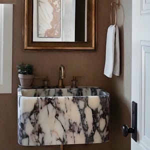 Lavabo de baño de mármol Calacatta Viola / Lavabo de sobremesa de pared / Encimera de mármol personalizada / Lavabo para tocador