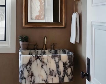Calacatta Viola Marble Bathroom Sink | Wall Mount Vessel Sink | Custom Marble Vanity Top | Powder Room Sink