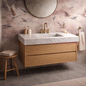 Conjunto de tocador con lavabo de mármol veteado claro, mueble de baño de roble a medida, acabado semipulido. imagen 2
