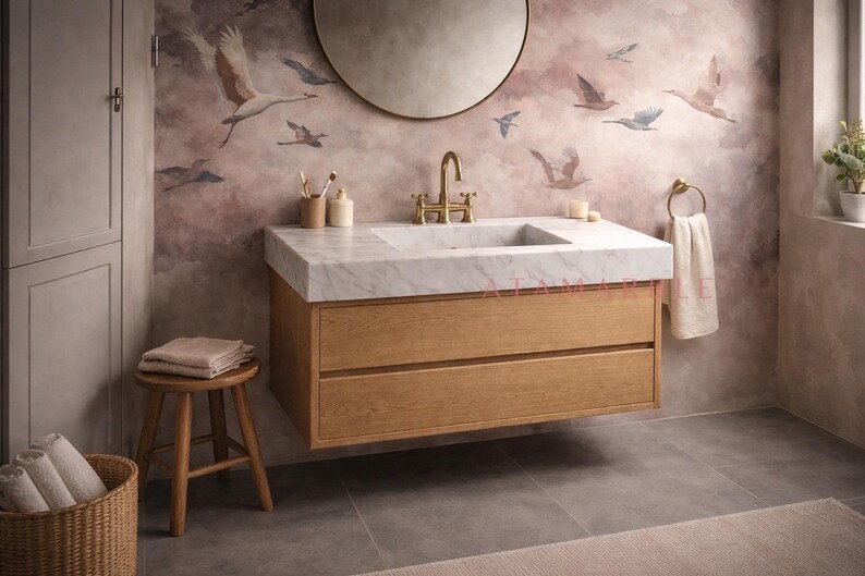 Conjunto de tocador con lavabo de mármol veteado claro, mueble de baño de roble a medida, acabado semipulido. imagen 2