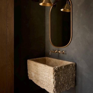 Chiseled Rough Travertine Wall Mount Sink | Weathered Stone Sink | Bathroom Vessel Sink | Custom Vanity Top | Powder Room Sink