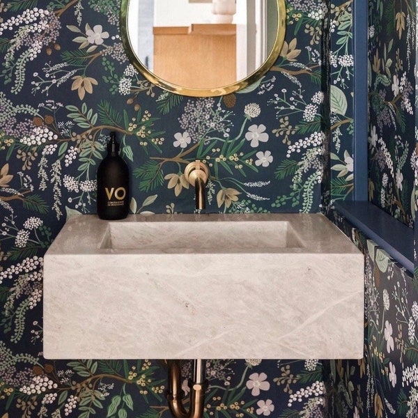 Lavabo de mármol gris y blanco tallado a mano: Lavabo de baño de pared