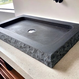 Rough Edge Basalt Sink Wall Mount Black Basalt Sink Marble Bathroom Sink Powder Room Sink Custom Vanity Top Ramp Drain Marble Sink