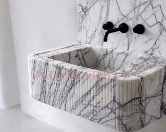 White Lilac Marble Fluted Wall Mount Sink: Custom Bathroom Vanity