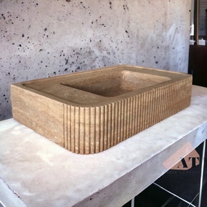 Fluted Travertine Wall Mount Sink | Bathroom Vessel Sink | Custom Vanity Top | Powder Room Sink | Floating Travertine Sink