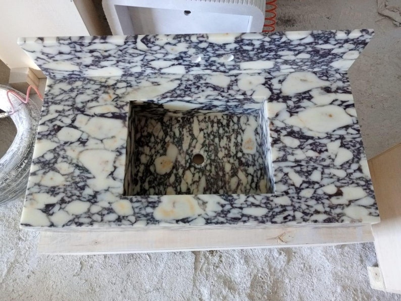 Calacatta Viola Marble Sink with Countertop Wall Mount Marble Sink Marble Bathroom Sink Marble Vanity Top Marble Sink with Backsplash image 2