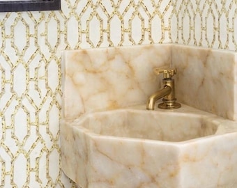Marble Corner Sink: Calacatta Sugar Powder Room Sink with Backsplash