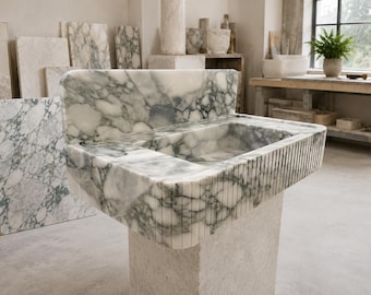 Calacatta Green Marble Fluted Sink with Backsplash Wall Mount Bathroom Vanity