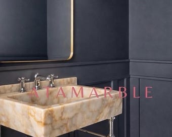 Hand Carved Calacatta Sugar Marble Sink: Wall Mount Vanity Top