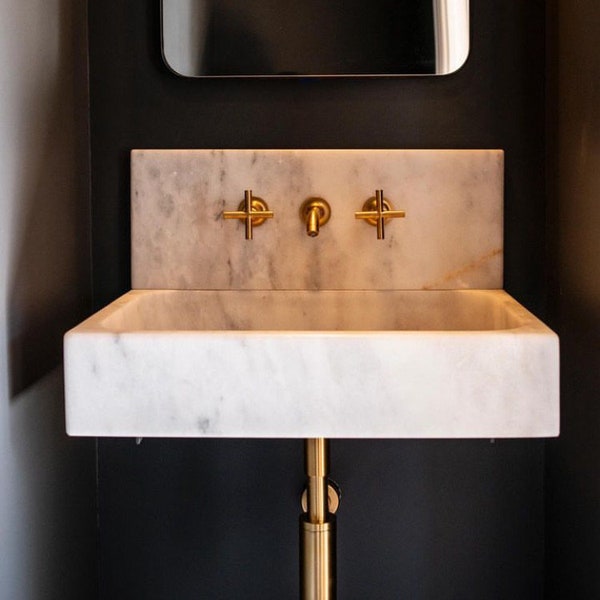 Hand Carved White Marble Sink with Backsplash: Wall Mounted Vanity