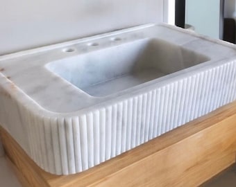 Carrara White Marble Wall Mount Sink | Floating Bathroom Vessel Sink | Powder Room Vanity | Fluted Marble Sink