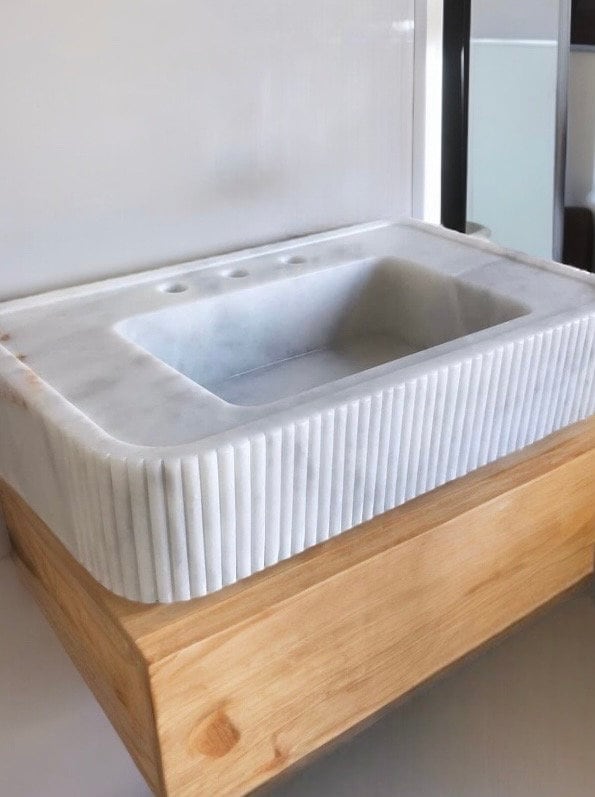 Carrara White Marble Wall Mount Sink | Floating Bathroom Vessel Sink | Powder Room Vanity | Fluted Marble Sink